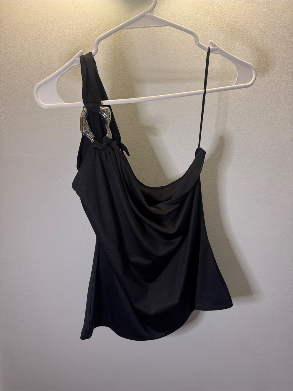 H&M Black One-Shoulder Drape Top with Silver Ring